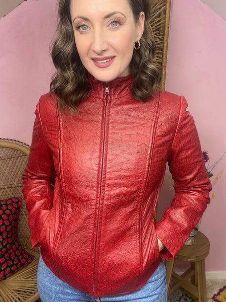 90s Red Moto Leather Jacket