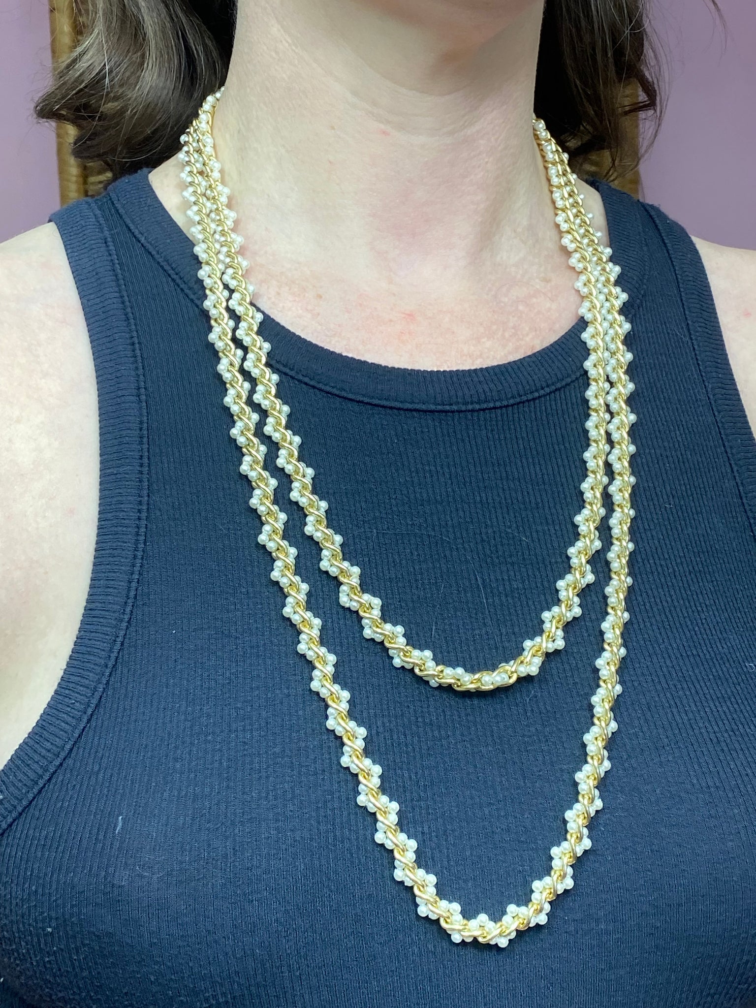 Gold Tone & Pearl Long Necklace