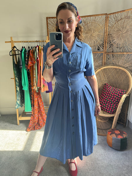 90s Blue Silk Midi Dress