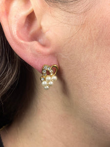 Gold Tone Pearl & Crystal Cluster Earrings