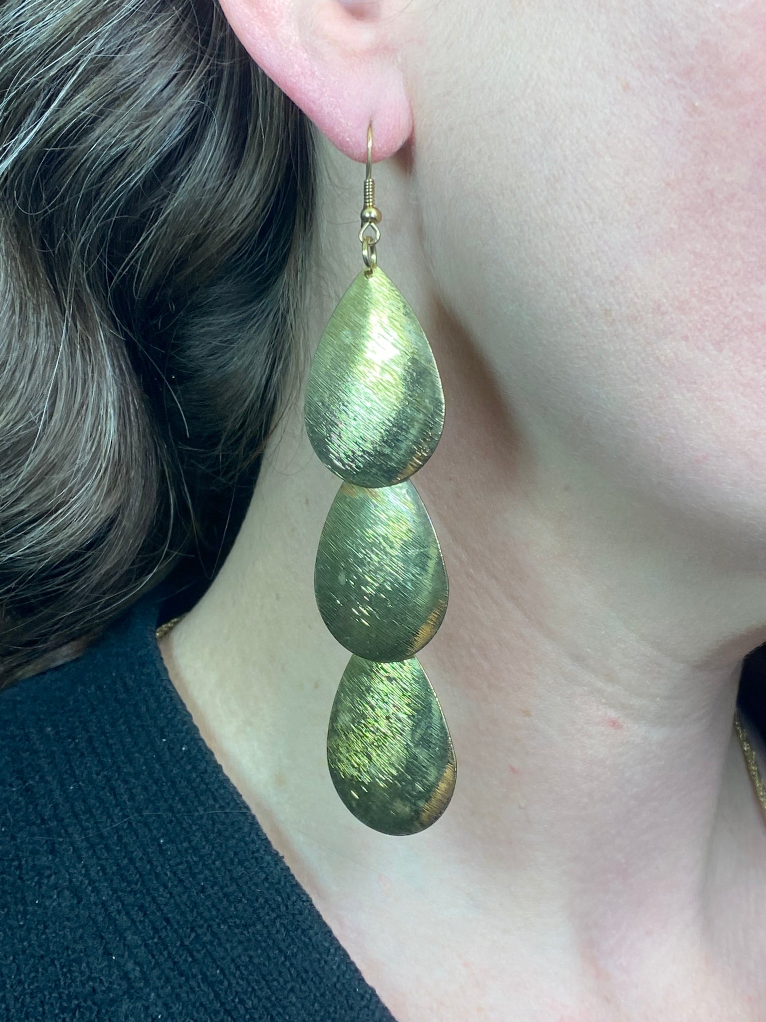 Gold Tone Triple Pear Drop Earrings