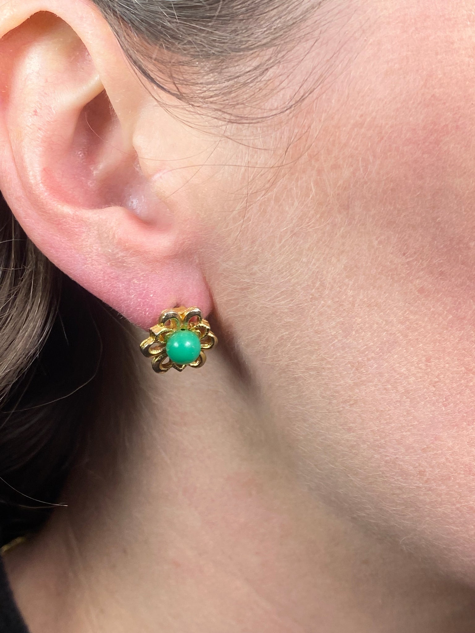 Gold Tone & Green Floral Studs