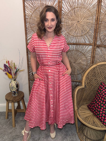 80s Red & Pink Stripe Silk Midi Dress