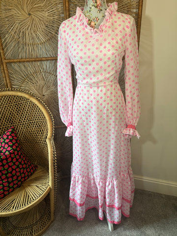 70s Pink Polka Dot Maxi Dress